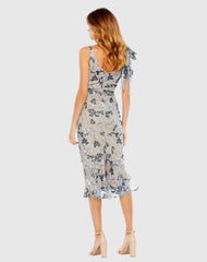 Multicolor Floral Embellished V-neck Midi Dress with Shoulder Bow