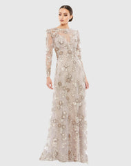 Beige Floral Embroidered Illusion Long Sleeve Evening Gown
