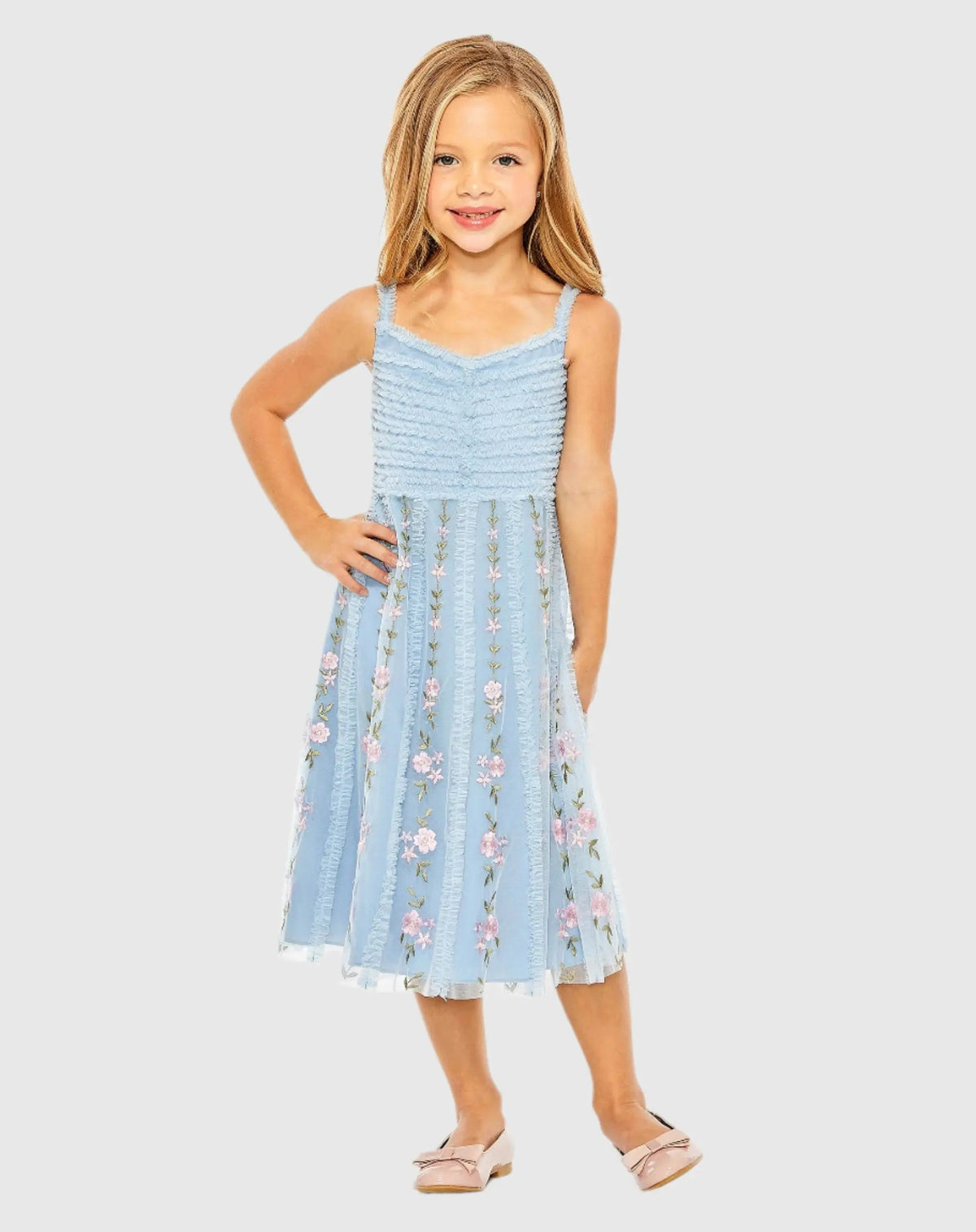 Light Blue Girls Ruffle Floral Embroidered Detail Mini Dress