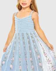 Light Blue Girls Ruffle Floral Embroidered Detail Mini Dress