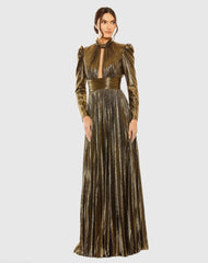 Gold Long Sleeve Keyhole Neck Heat Pleat Metallic Gown