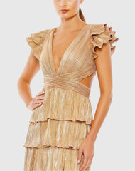 Gold Ruffle Tiered Criss Cross Lace Up Gown