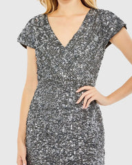 Gray Sequined Cap Sleeve Wrap Over Cocktail Dress
