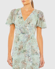 Green Embellished Butterfly Sleeve Faux Wrap Gown