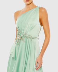 Green Embellished One Shoulder Asymmetrical Gown
