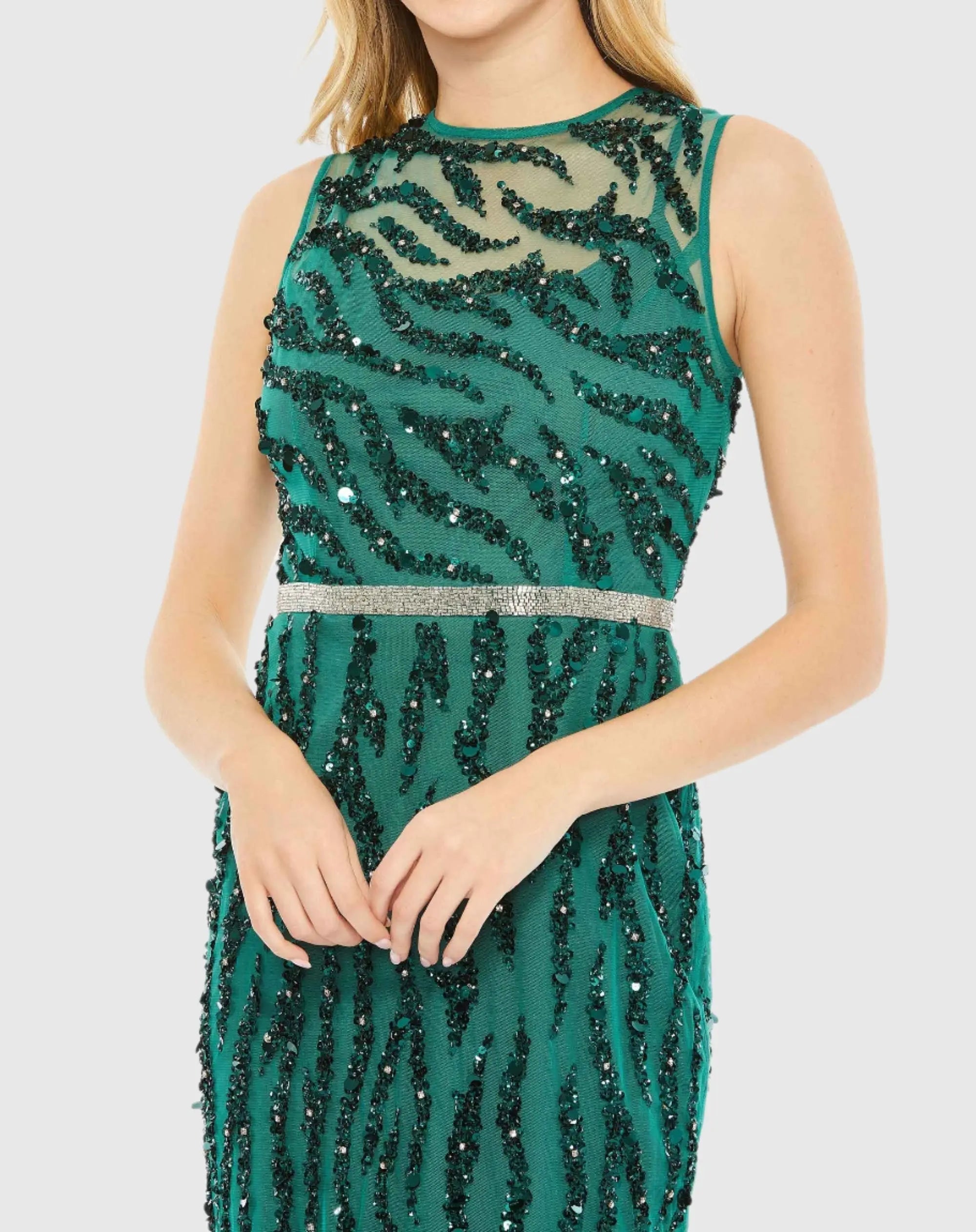 Green Embellished Sleeveless Illusion High Neck Dress