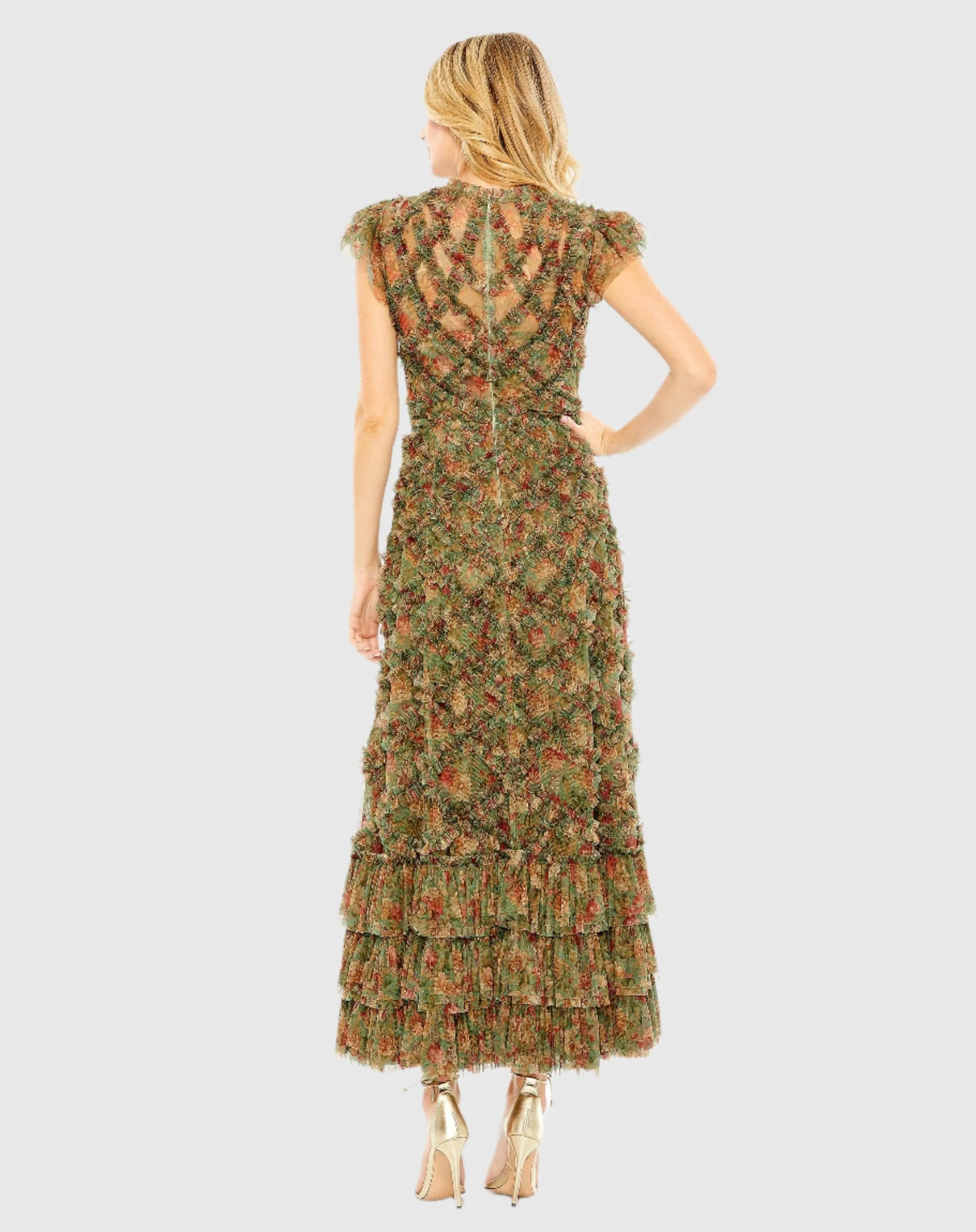 Green High Neck Ruffle Cap Sleeve Floral Dress