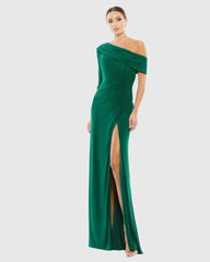Green Ruched Jersey Drop Shoulder Foldover Gown