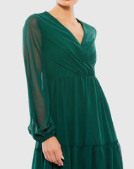 Green Ruched V-Neck Tiered Midi Dress