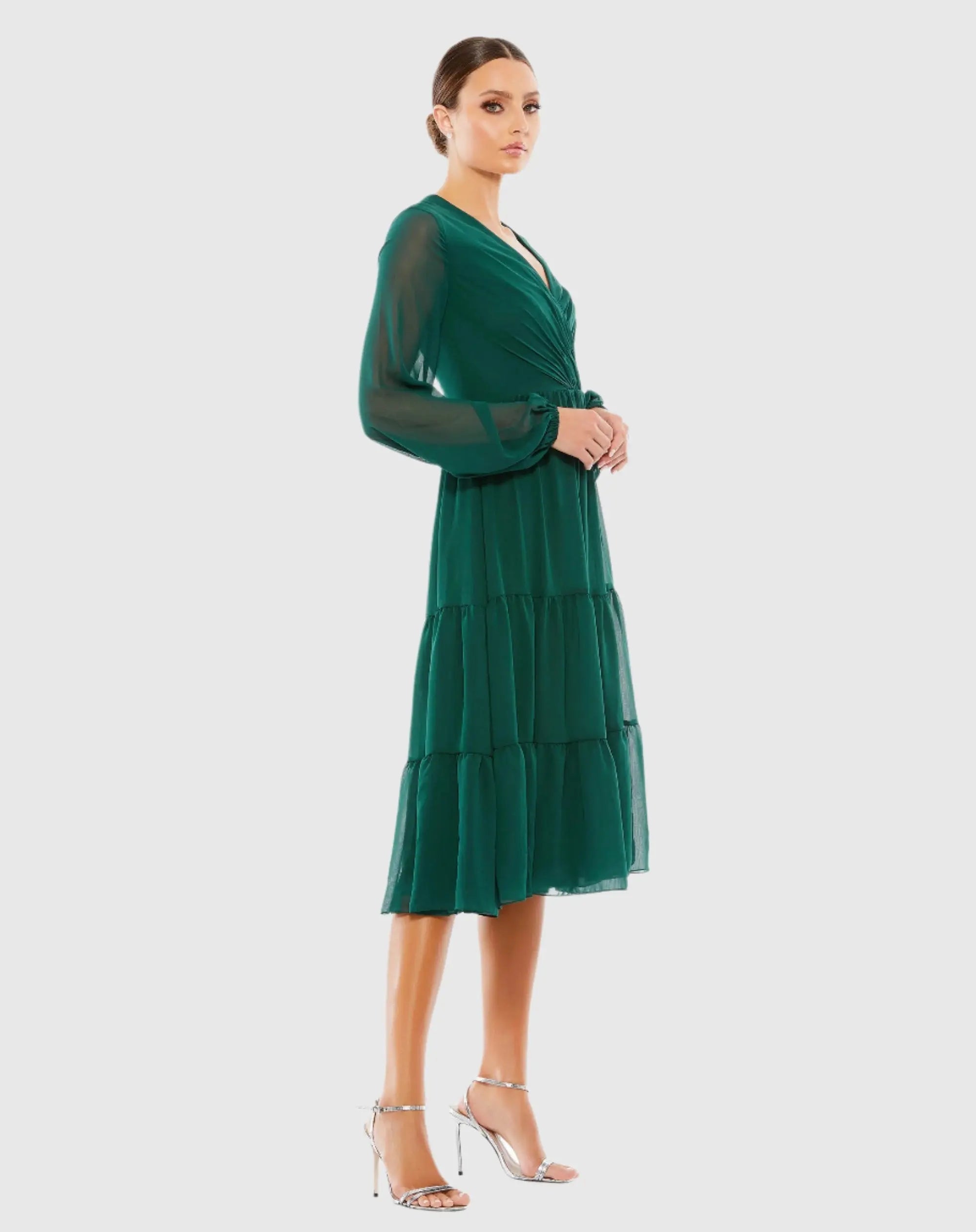 Green Ruched V-Neck Tiered Midi Dress