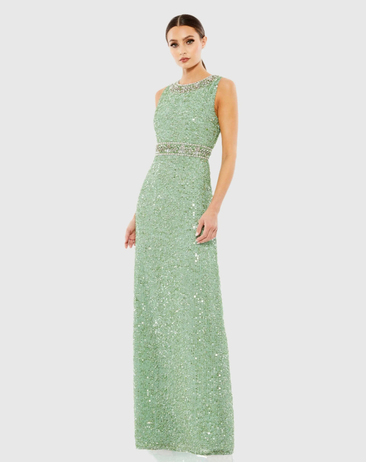 Green Sleeveless Sequin Column Gown