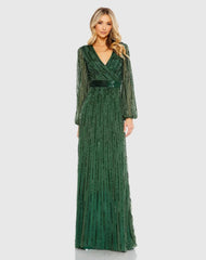 Green Wrap Over Puff Sleeve Embellished Gown