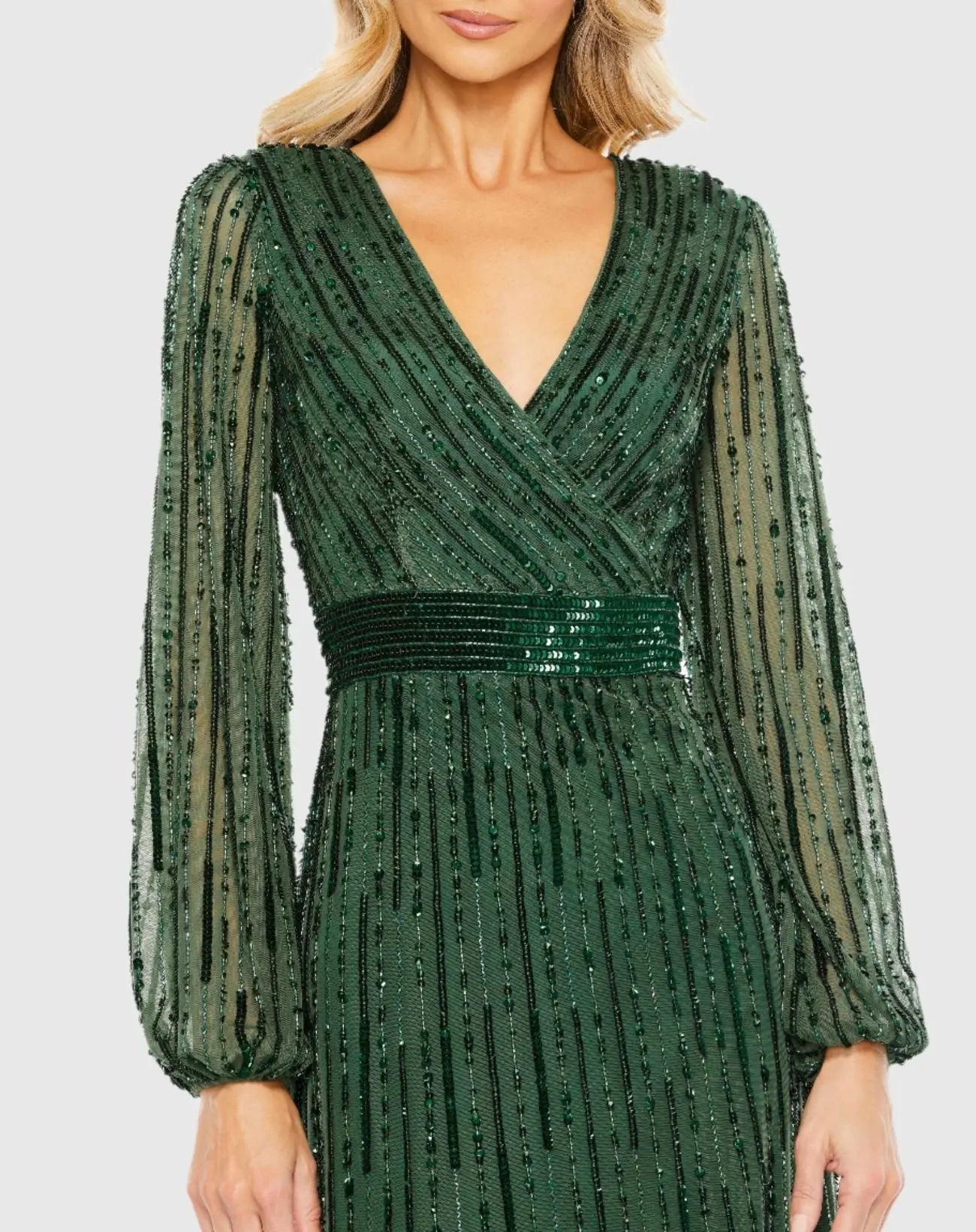 Green Wrap Over Puff Sleeve Embellished Gown
