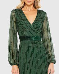 Green Wrap Over Puff Sleeve Embellished Gown