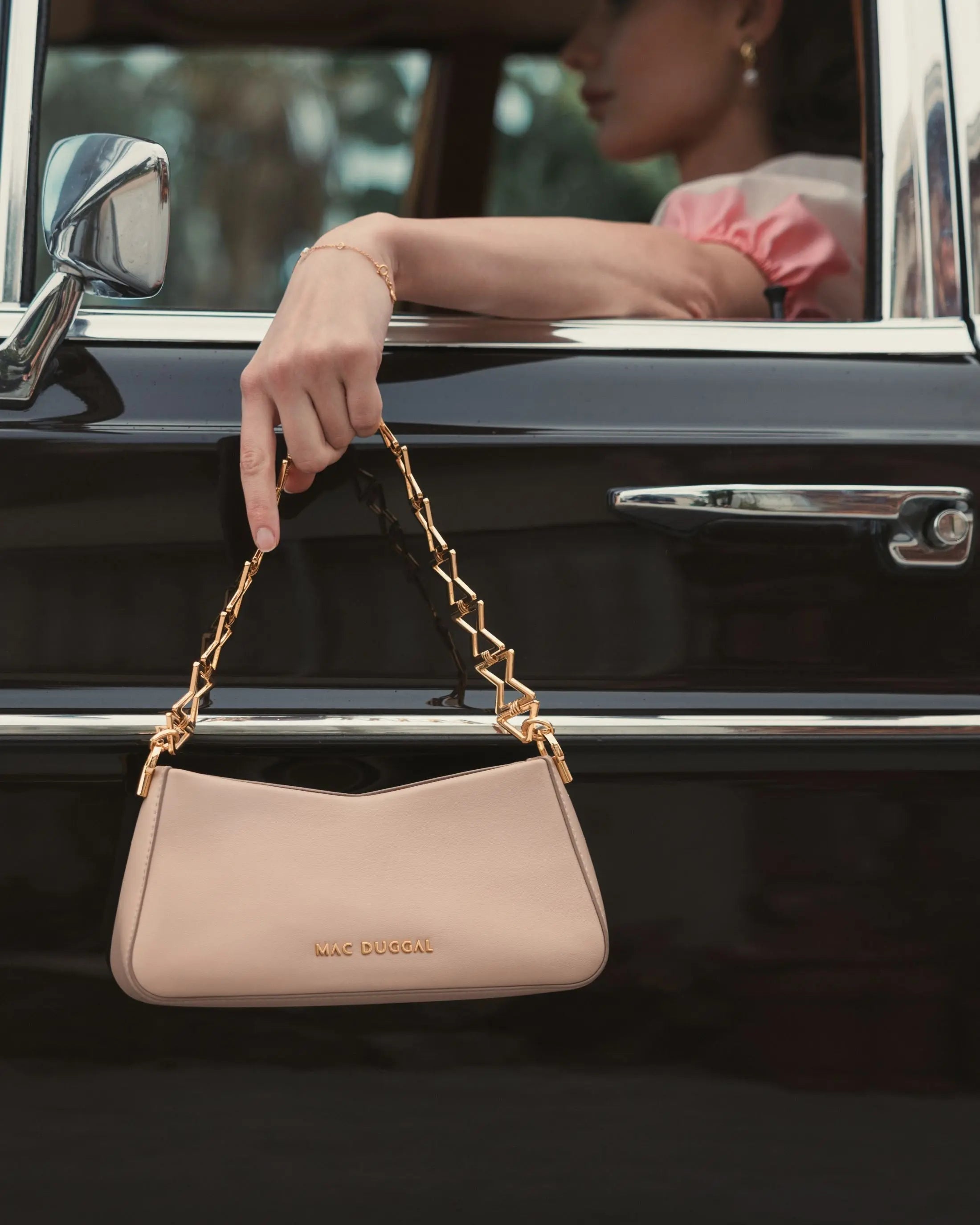 Beige Small Gold Strap Nappa Leather Shoulder Bag