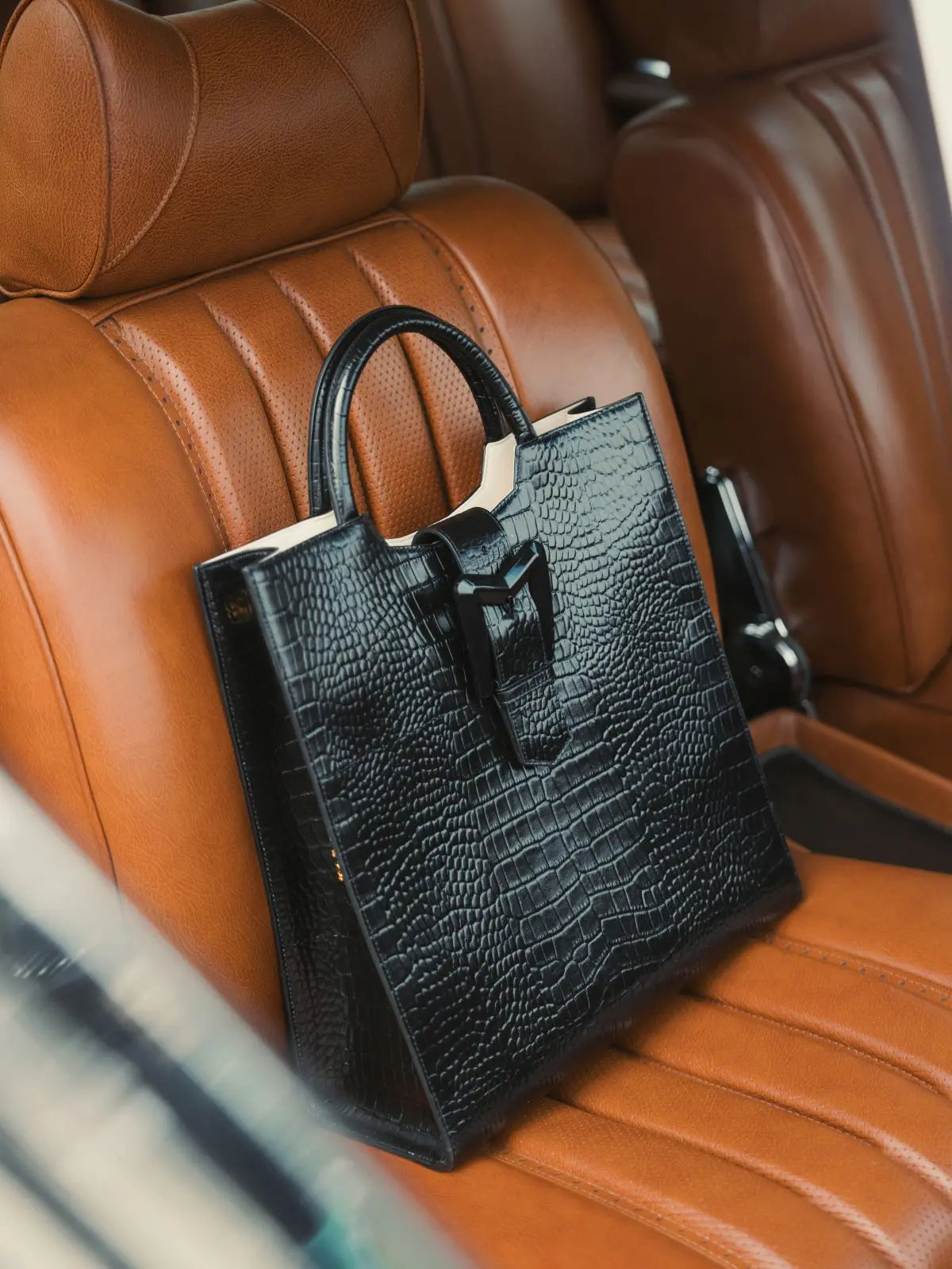 Black Buckled Maxi Croco Leather Tote Bag