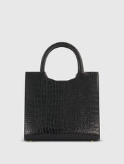 Black Buckled Medium Croco Leather Tote Bag with Detachable Strap