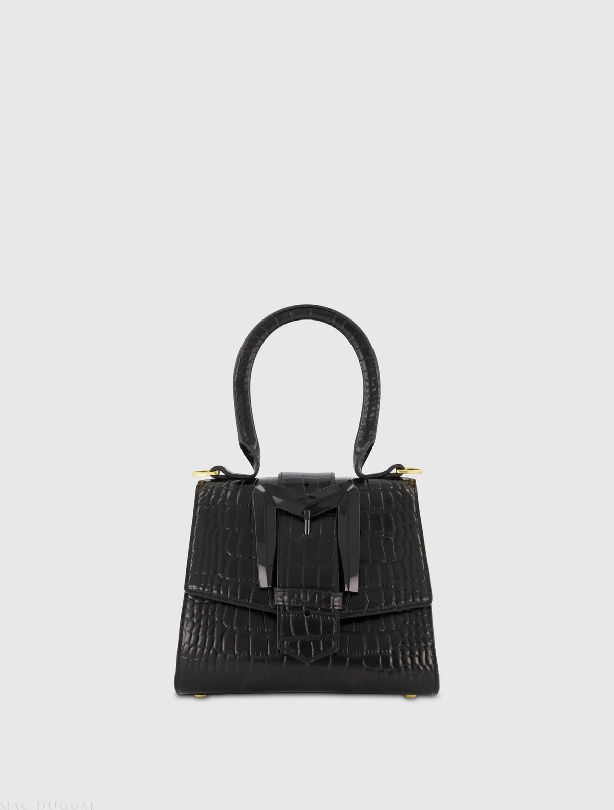 Black Buckled Mini Croco Leather Handbag with Detachable Strap