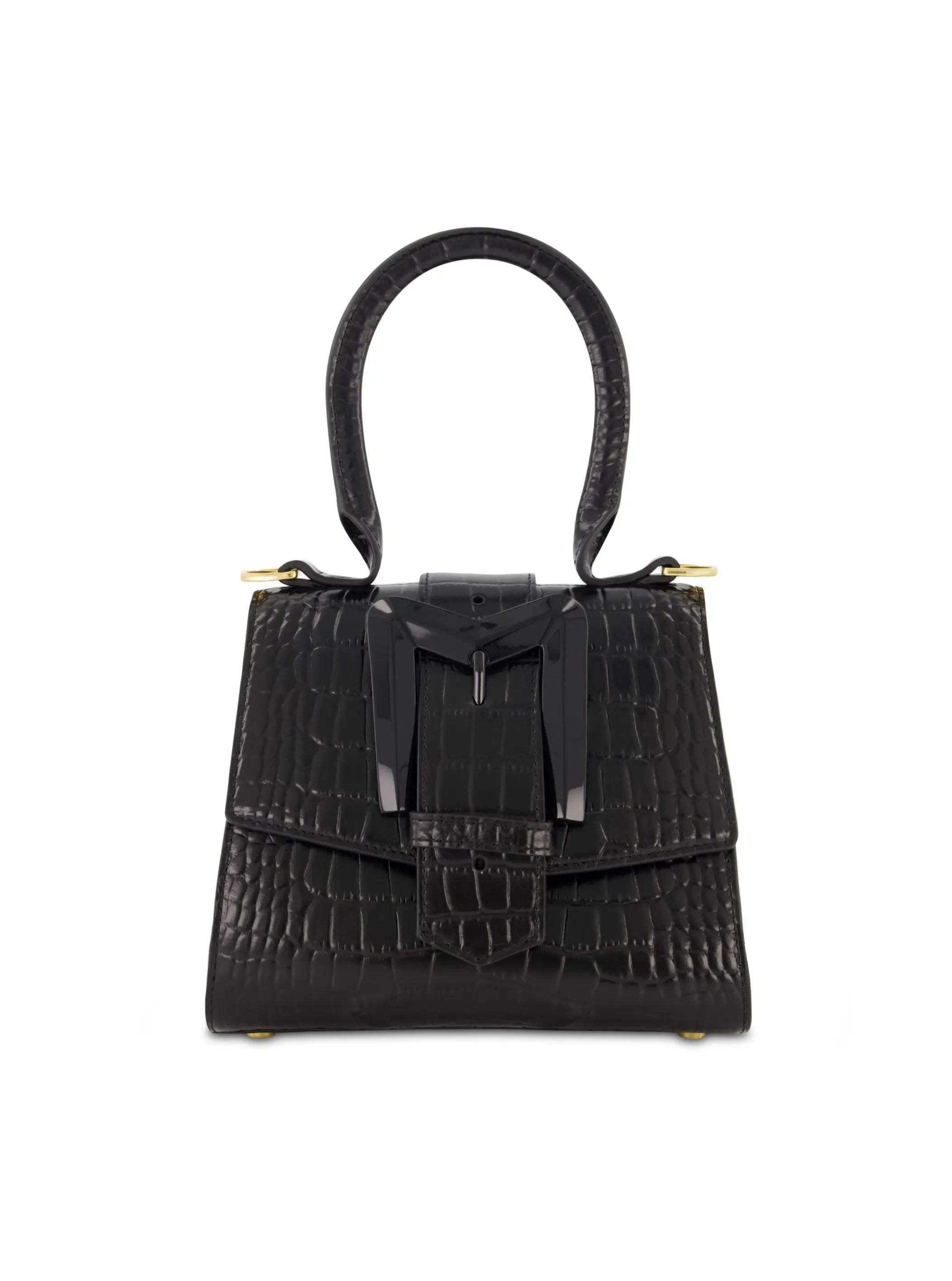 Black Buckled Mini Croco Leather Handbag with Detachable Strap