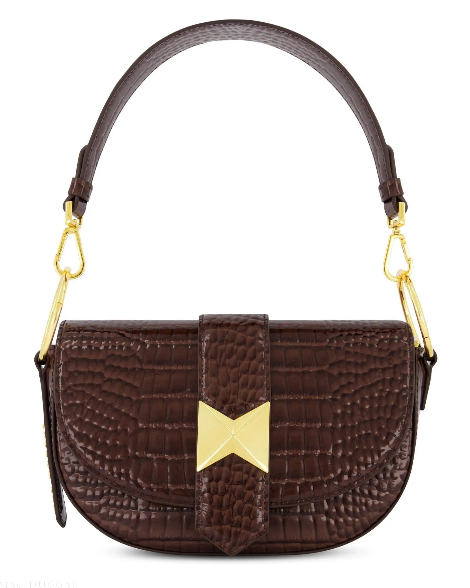 Brown Crocodile Leather Saddle Bag With Gold Hardware