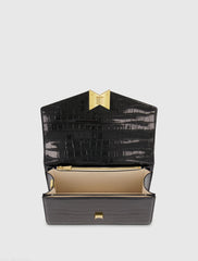 Black Crocodile Leather Shoulder Bag With Gold Hardware