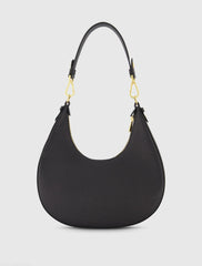 Black Grain Leather Hobo Bag With Gold Hardware
