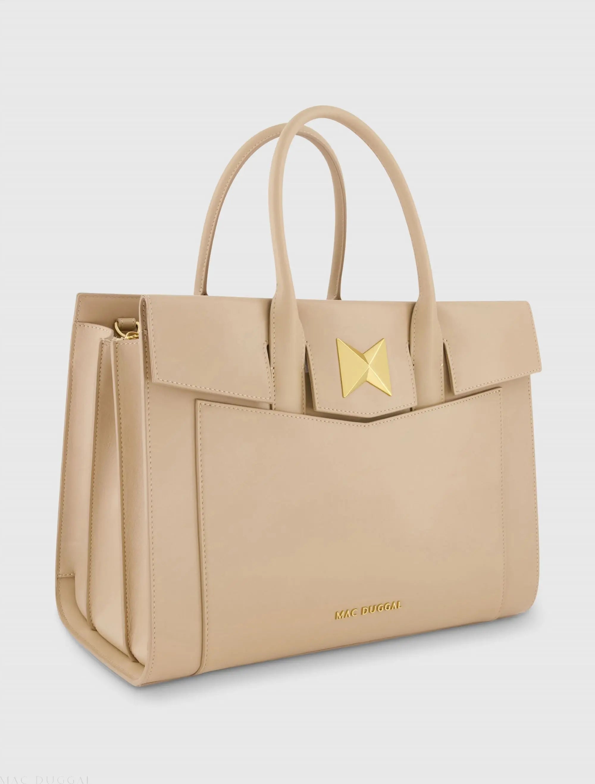 Beige Large Leather Briefcase Bag With Gold Hardware