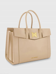 Beige Large Leather Briefcase Bag With Gold Hardware