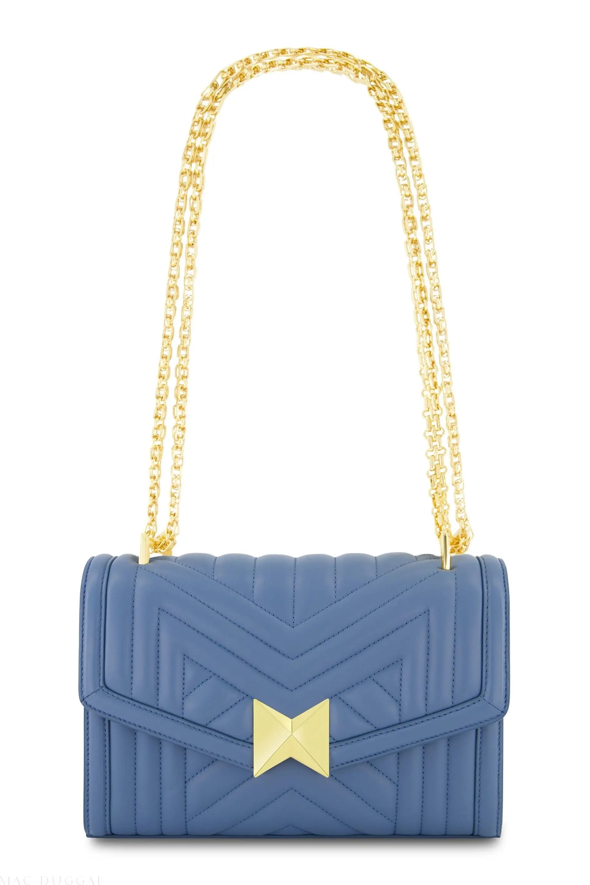 Blue Quilted Napa Leather Handbag With Gold Chain