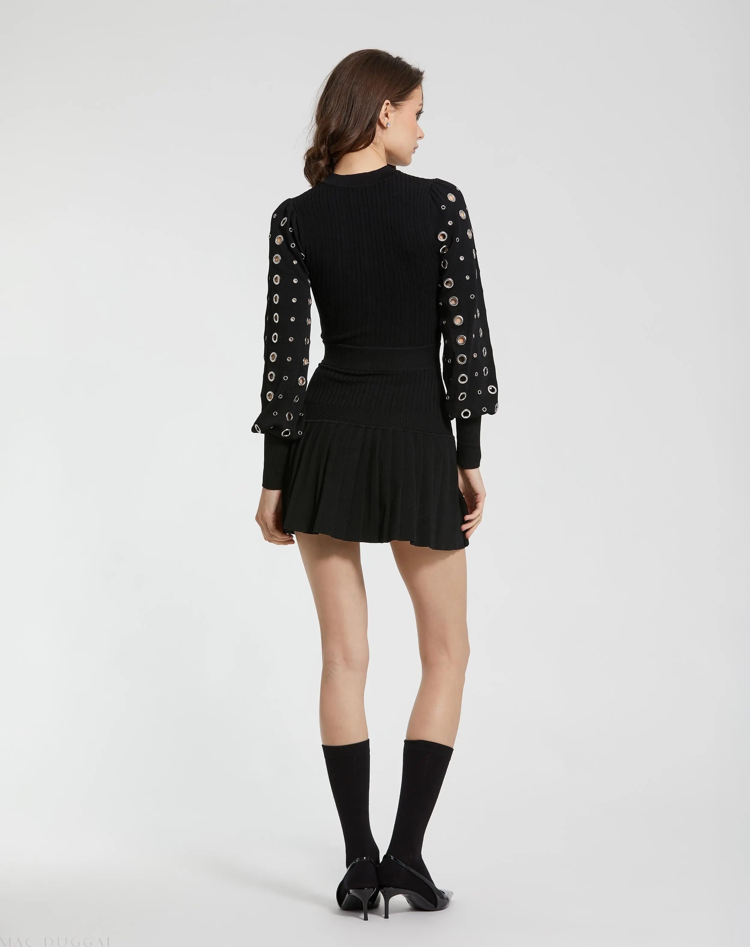 Black Knit Long Sleeve Grommet Mini Dress - FINAL SALE