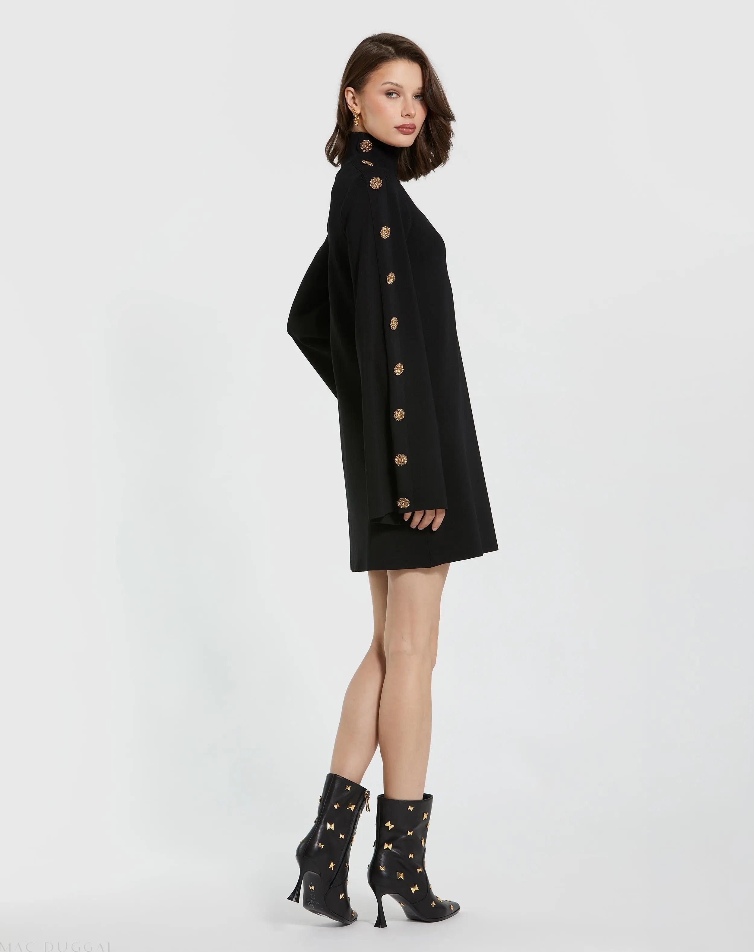 Black Long Sleeve Mini Knit Dress With Sleeve Detail