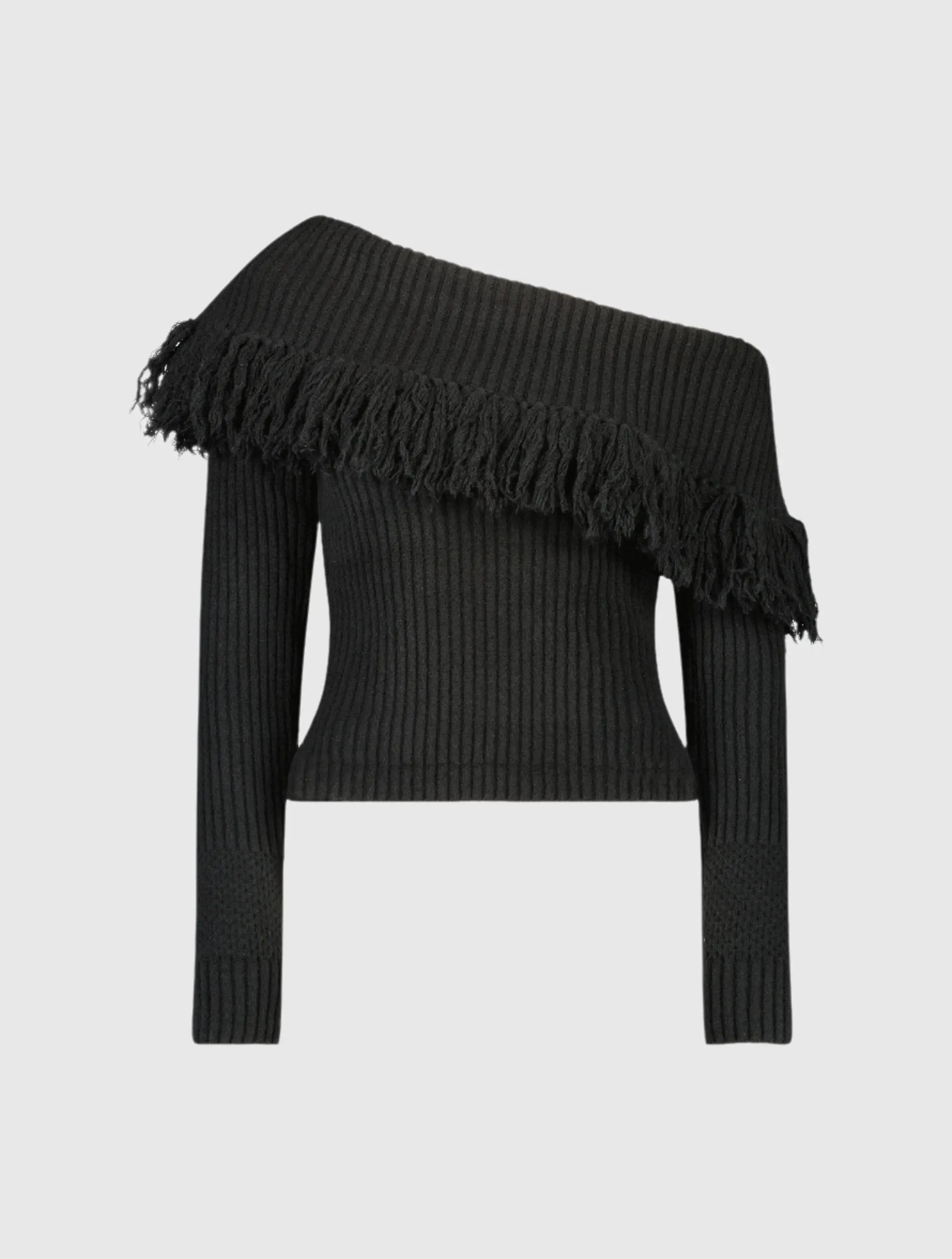 Black Off The Shoulder Fringe Knit Sweater