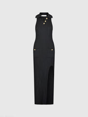 Black Rib Knit Collared Sleeveless Fitted Maxi Dress - FINAL SALE