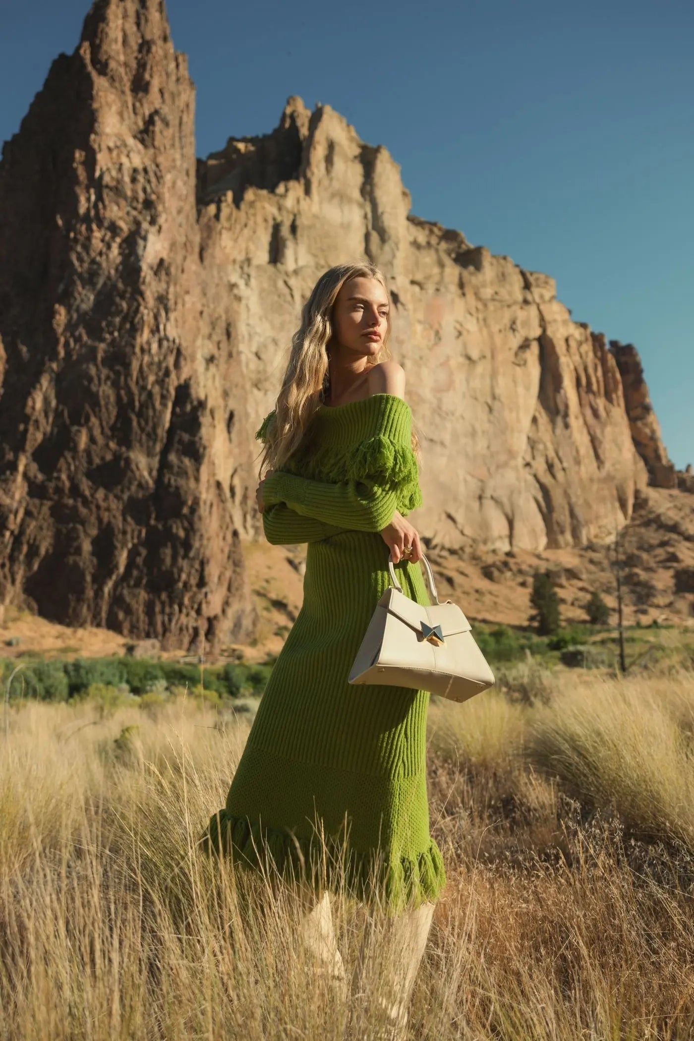 Green Off The Shoulder Fringe Long Sleeve Knit Dress