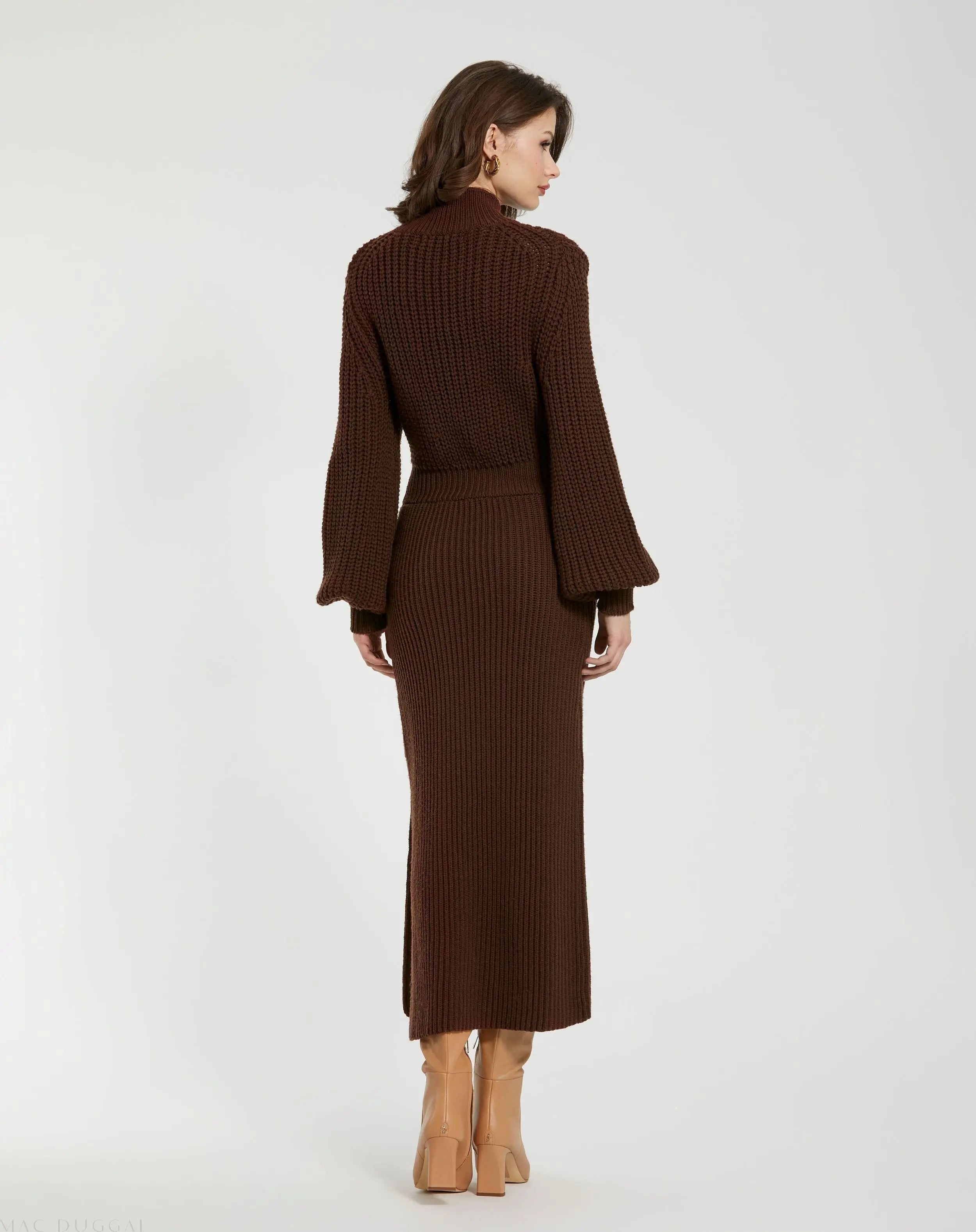 Brown Long Sleeve Turtle Neck Knit Midi Dress