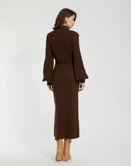 Brown Long Sleeve Turtle Neck Knit Midi Dress