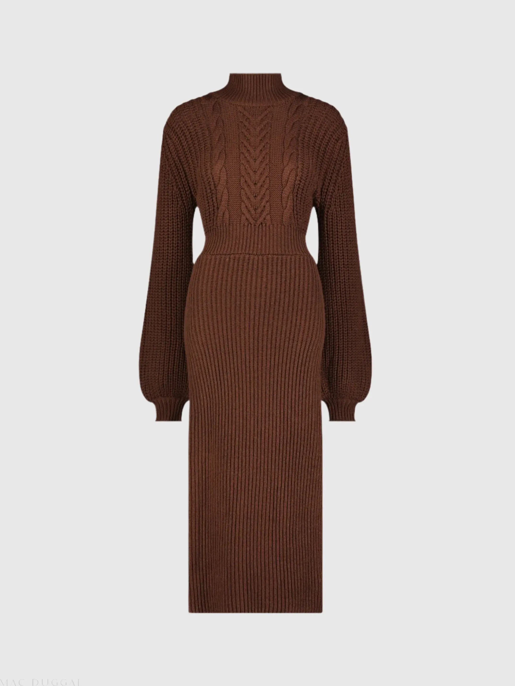 Brown Long Sleeve Turtle Neck Knit Midi Dress