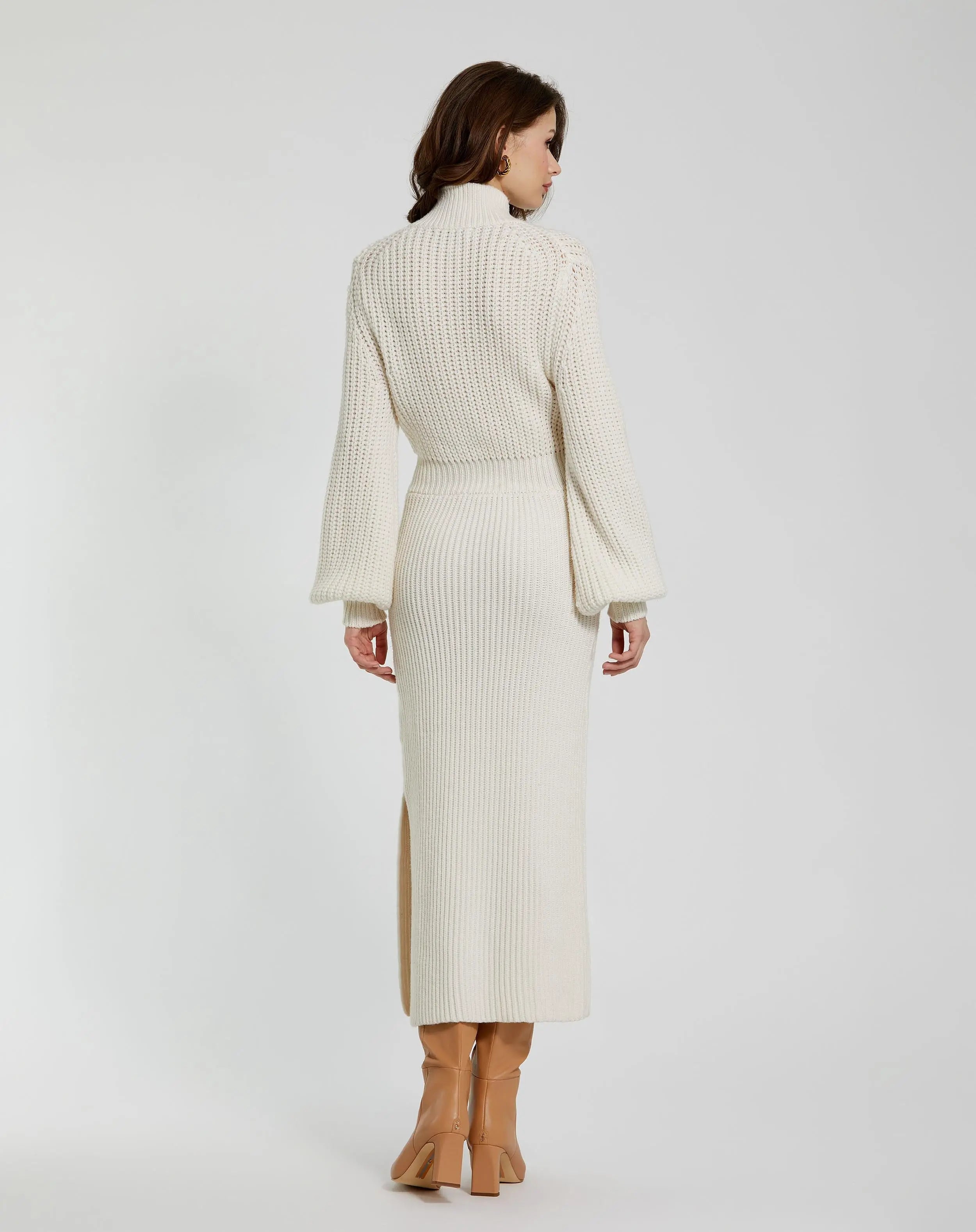 White Long Sleeve Turtle Neck Knit Midi Dress