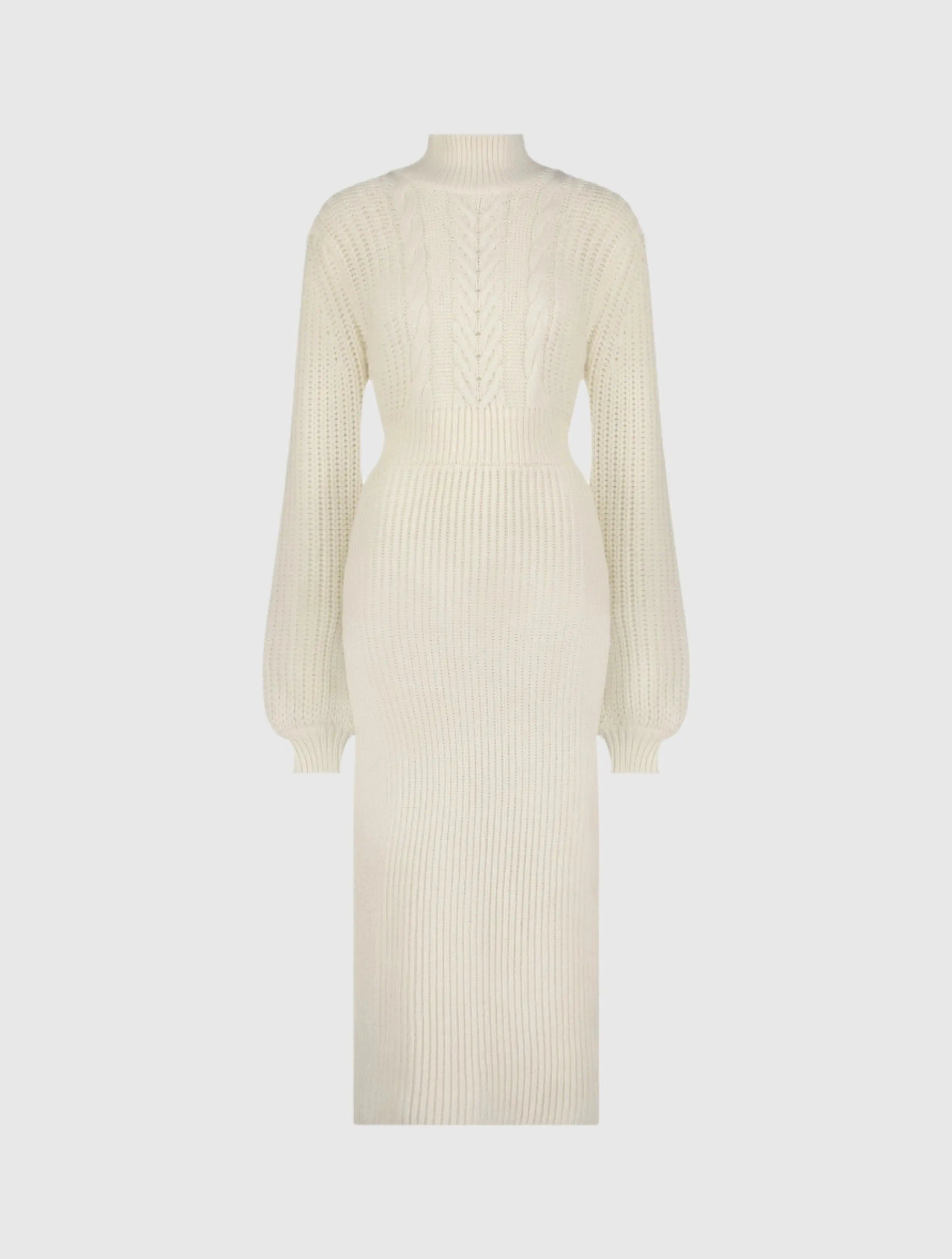 White Long Sleeve Turtle Neck Knit Midi Dress