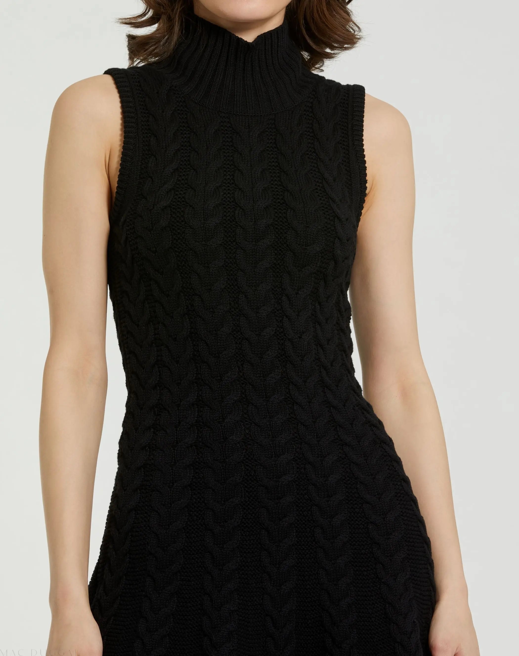 Black Cable Knit Turtle Neck Sleeveless Mini Sweater Knit Dress