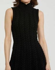 Black Cable Knit Turtle Neck Sleeveless Mini Sweater Knit Dress