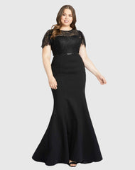 Black Lace Illusion High Neck Cap Sleeve Gown