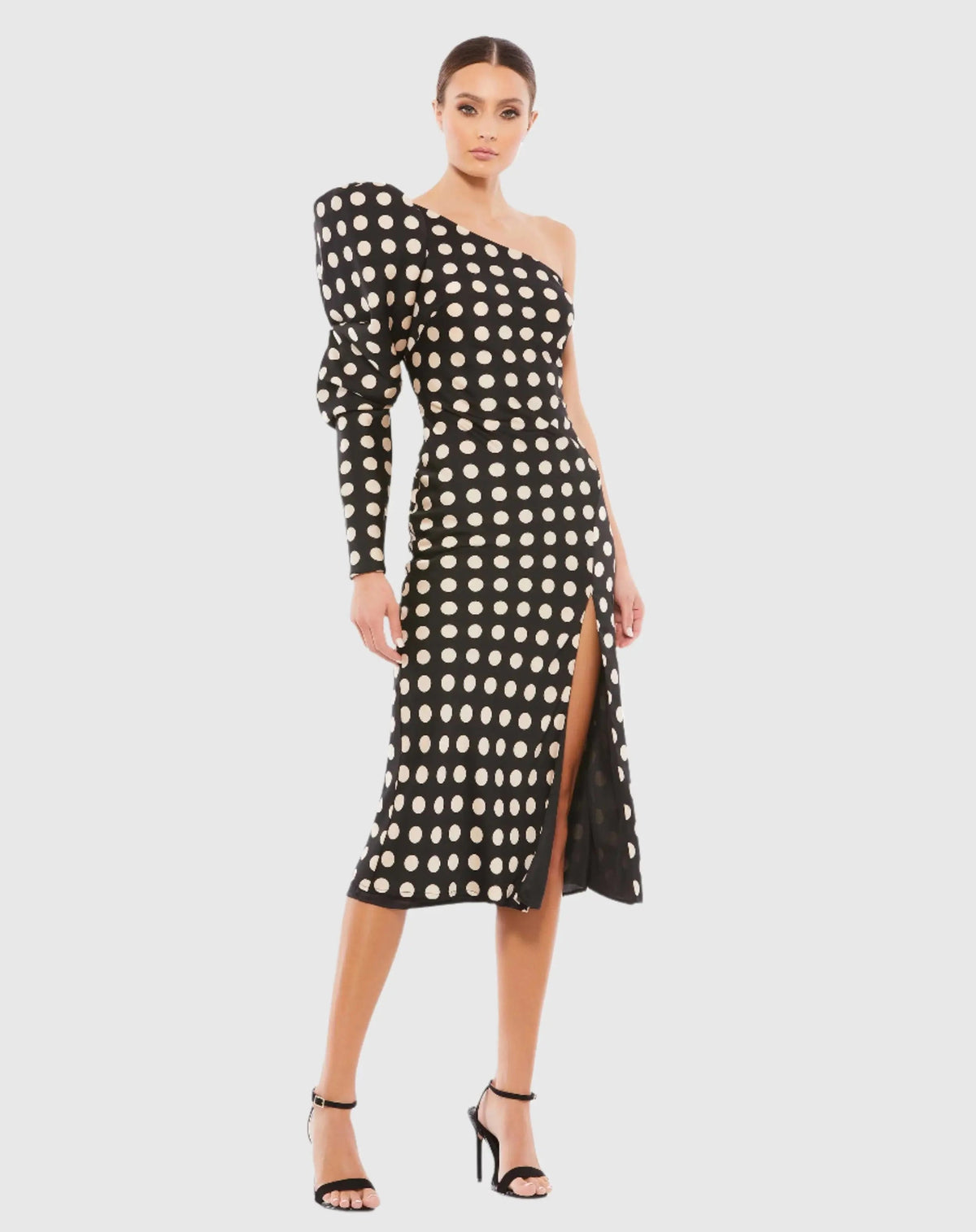 Black Long Puff Sleeve Polka Dot Tea Length Dress