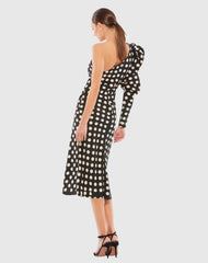 Black Long Puff Sleeve Polka Dot Tea Length Dress