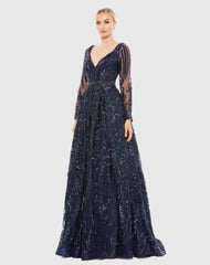 Navy Long Sleeve Embellished Evening Gown