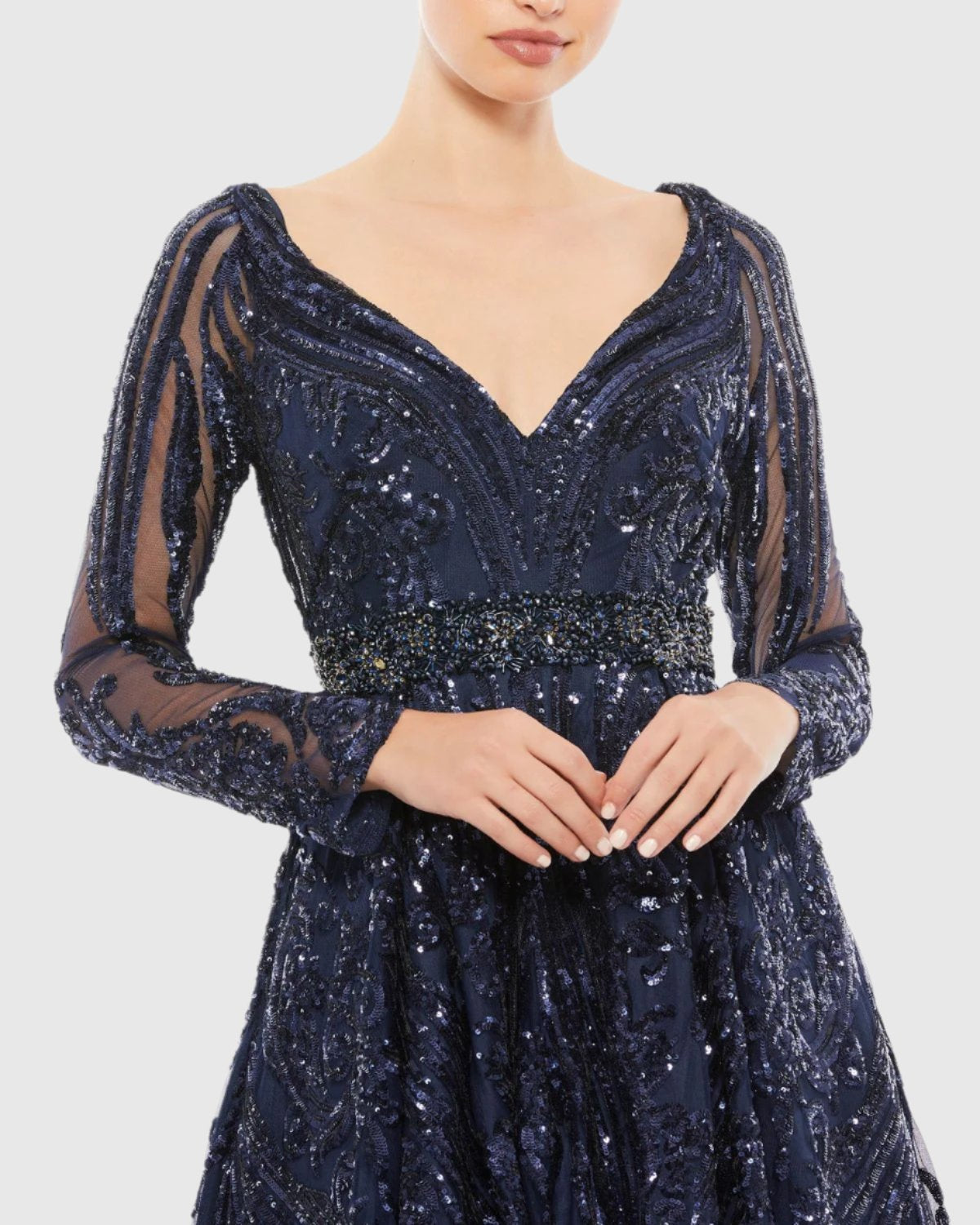Navy Long Sleeve Embellished Evening Gown