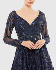 Navy Long Sleeve Embellished Evening Gown