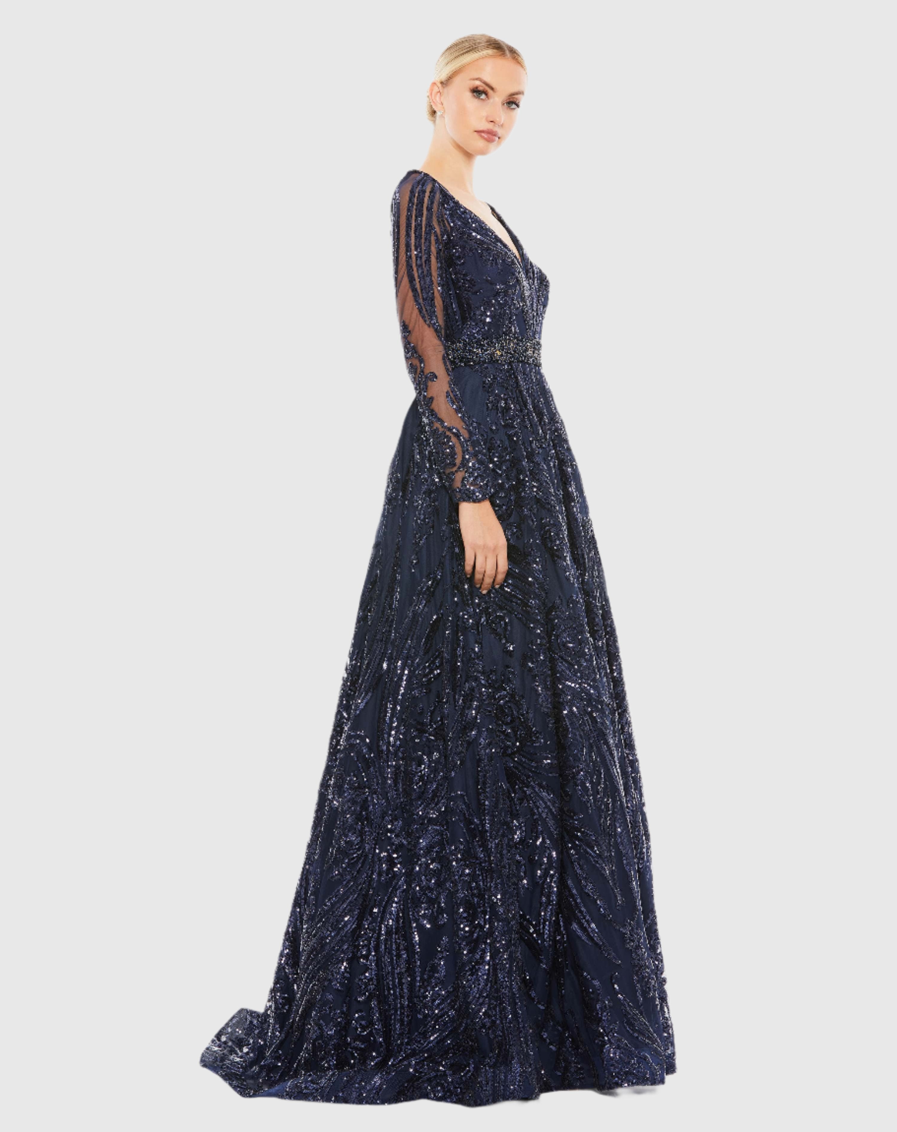 Navy Long Sleeve Embellished Evening Gown