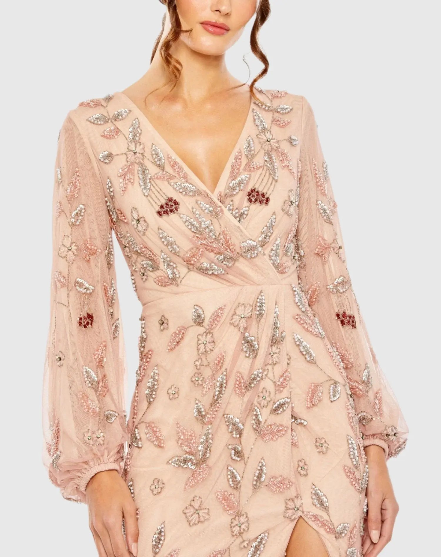 Pink Long Sleeve Floral Beaded Surplice Wrap Gown