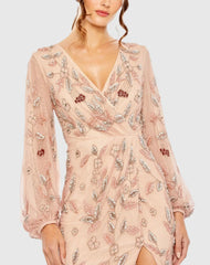 Pink Long Sleeve Floral Beaded Surplice Wrap Gown